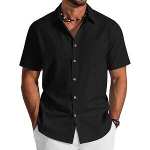 Men's Button Down Shirt Black Cotton Short Sleeve Casual Summer